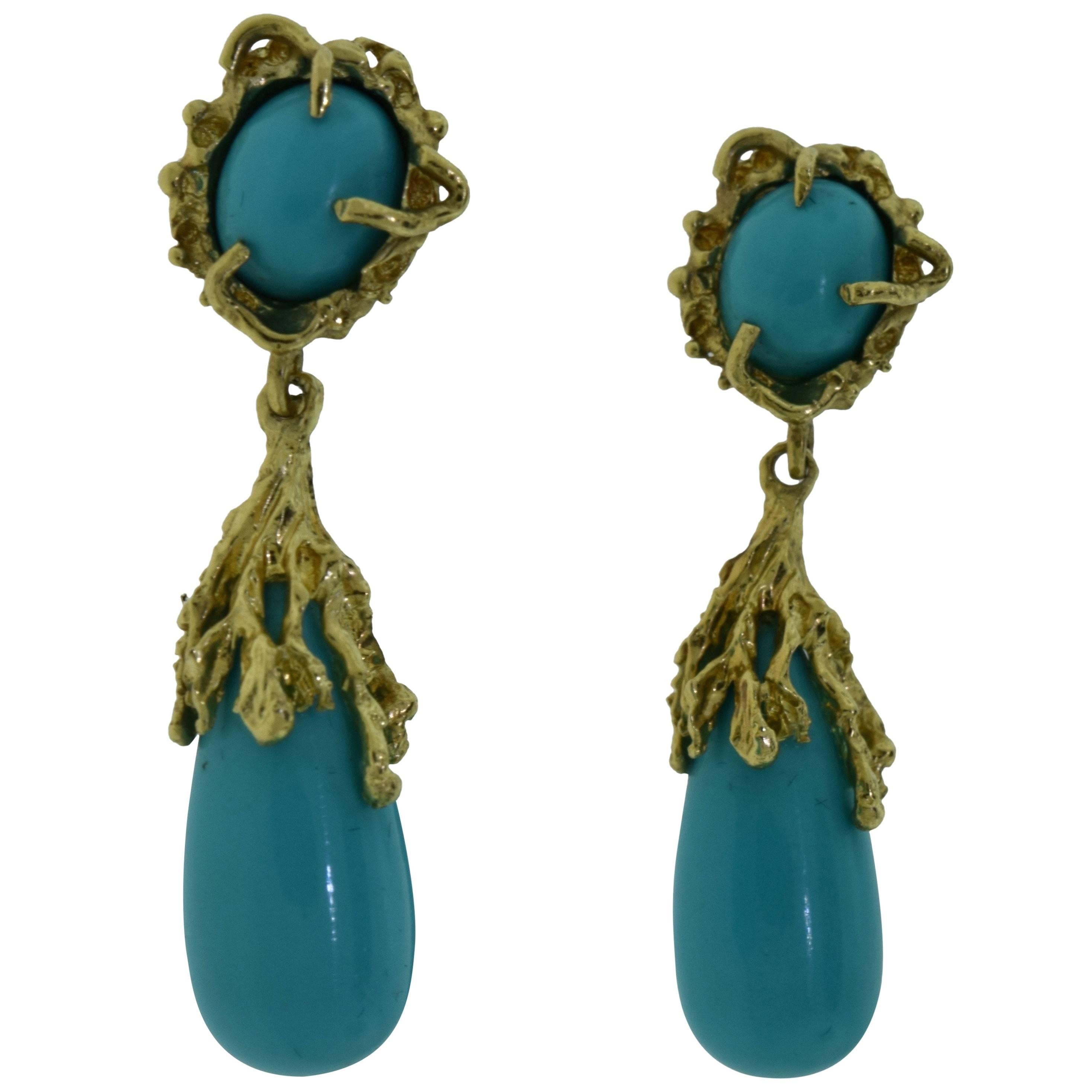 Vintage Natural Turquoise and Yellow Gold Drop Earrings For Sale