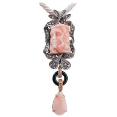 Coral, Onyx, Diamonds, 14 Karat Rose Gold and Silver Pendant.
