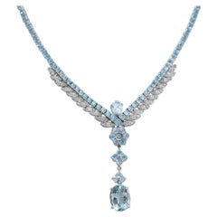 Aquamarine Colour Topazs, Diamonds, 14 Karat White Gold Tennis Necklace.