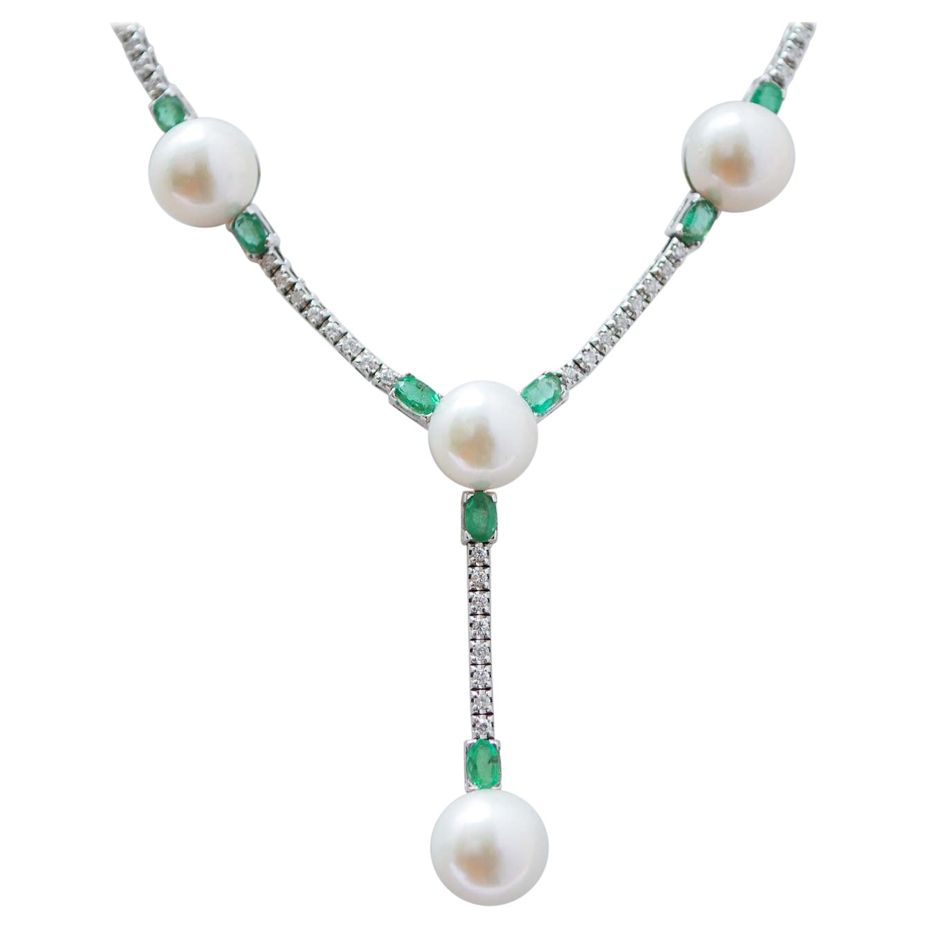 11 Mm White Pearls, Emeralds, Diamonds, 14 Karat White Gold Tennis Necklace.