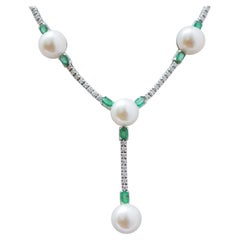 11 Mm White Pearls, Emeralds, Diamonds, 14 Karat White Gold Tennis Necklace.