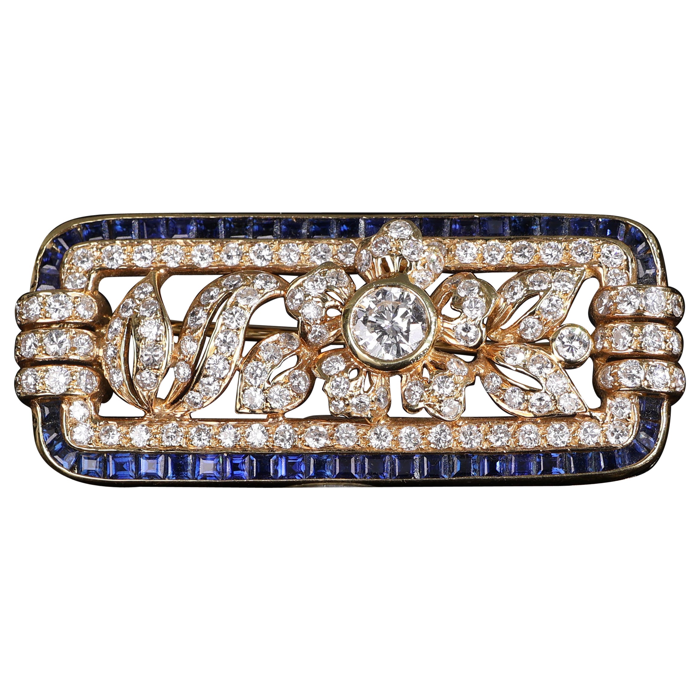 Yellow Gold Brooch with Blue Sapphires and Diamonds