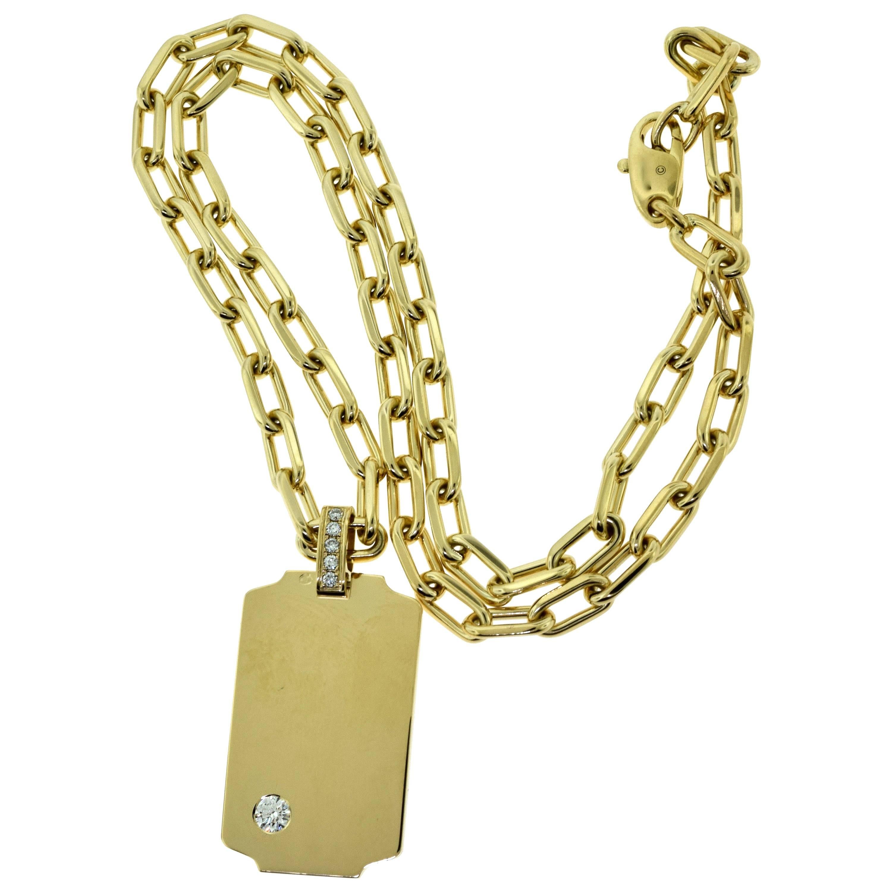 Cartier Yellow Gold Dog Tag Pendant Necklace with Cartier Chain