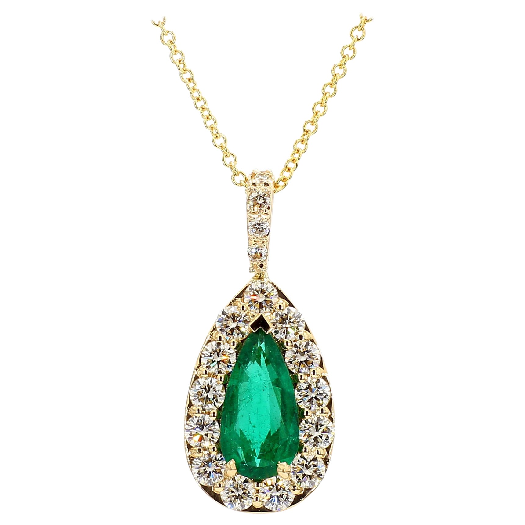 Zambian Emerald Pendant Long Pear Shape GIA Certified 18K Two Tone Gold