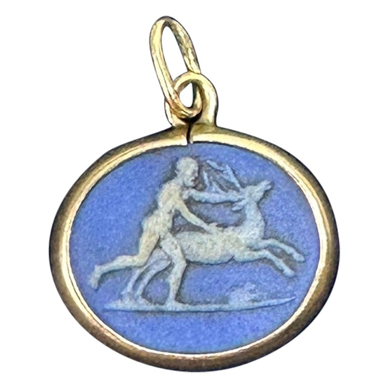 2 Sided God on Chariot and Running Deer Blue Cameo Pendant Necklace Gold Antique