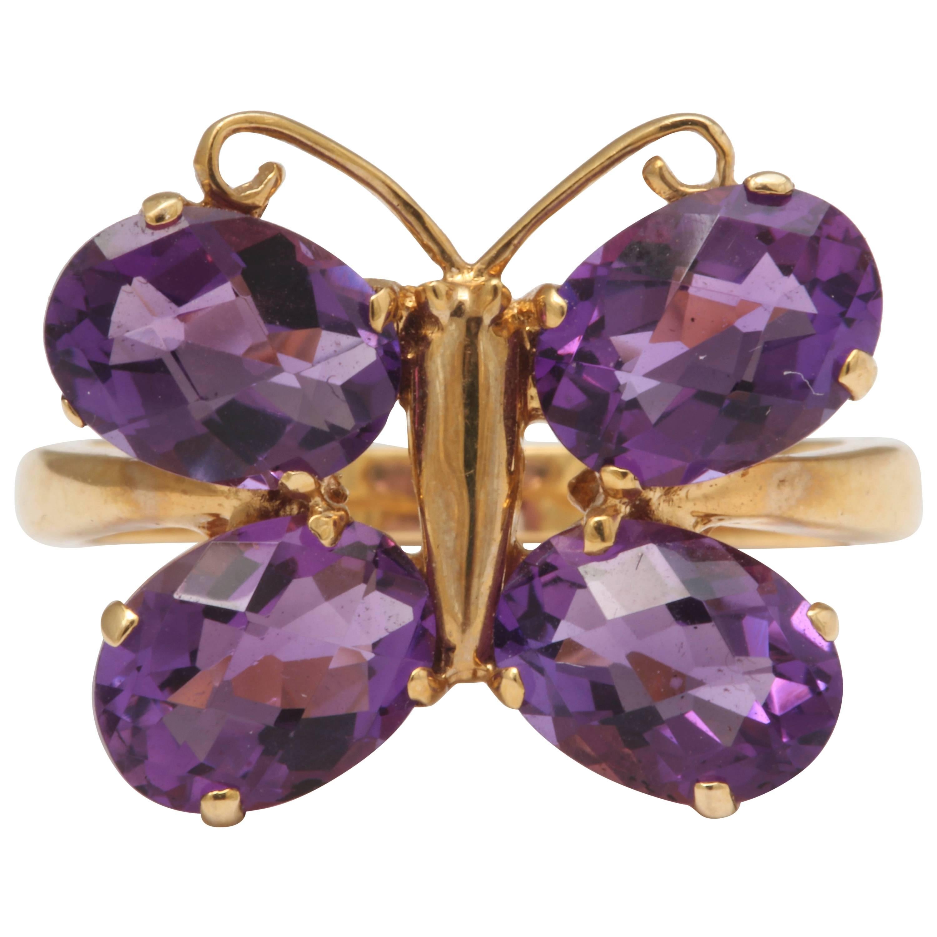 Charming Amethyst Gold Butterfly Ring For Sale