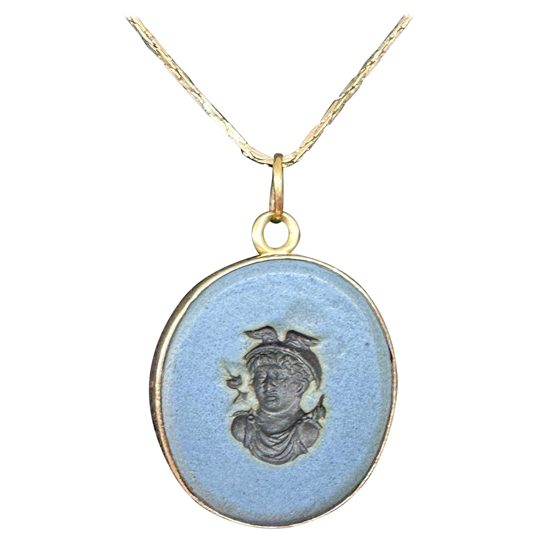 Hermes Mercurio Dios Jaspe Azul Camafeo Colgante Collar Oro Victoriano