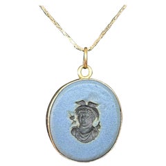 Hermes Mercure Dieu Jaspe Bleu Cameo Intaglio Pendentif Collier Or Victorien