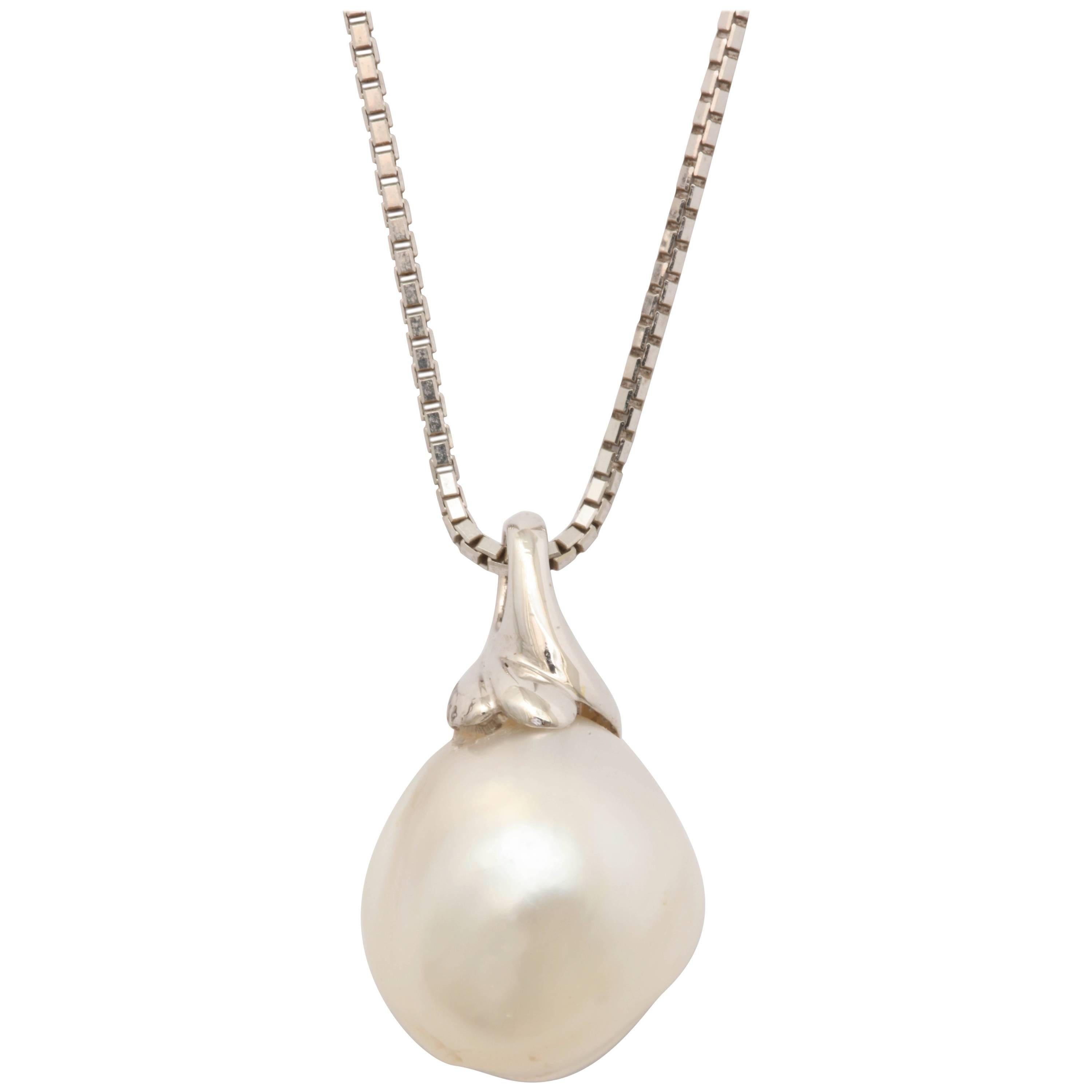 Elegant Baroque Pearl Pendant and Chain For Sale