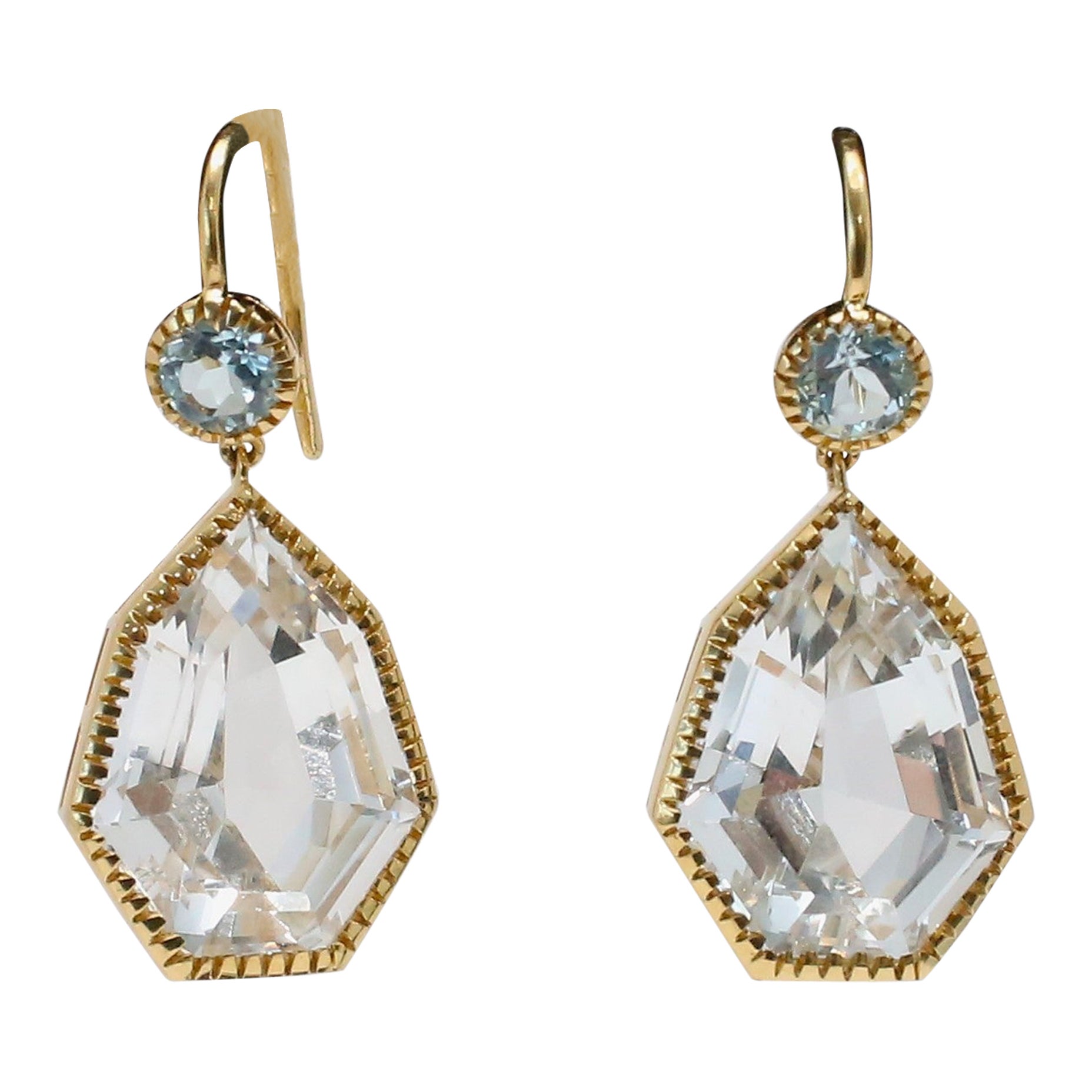 Verdura 18k Yellow Gold White & Blue Topaz Dangle Earrings, 13.1g For Sale