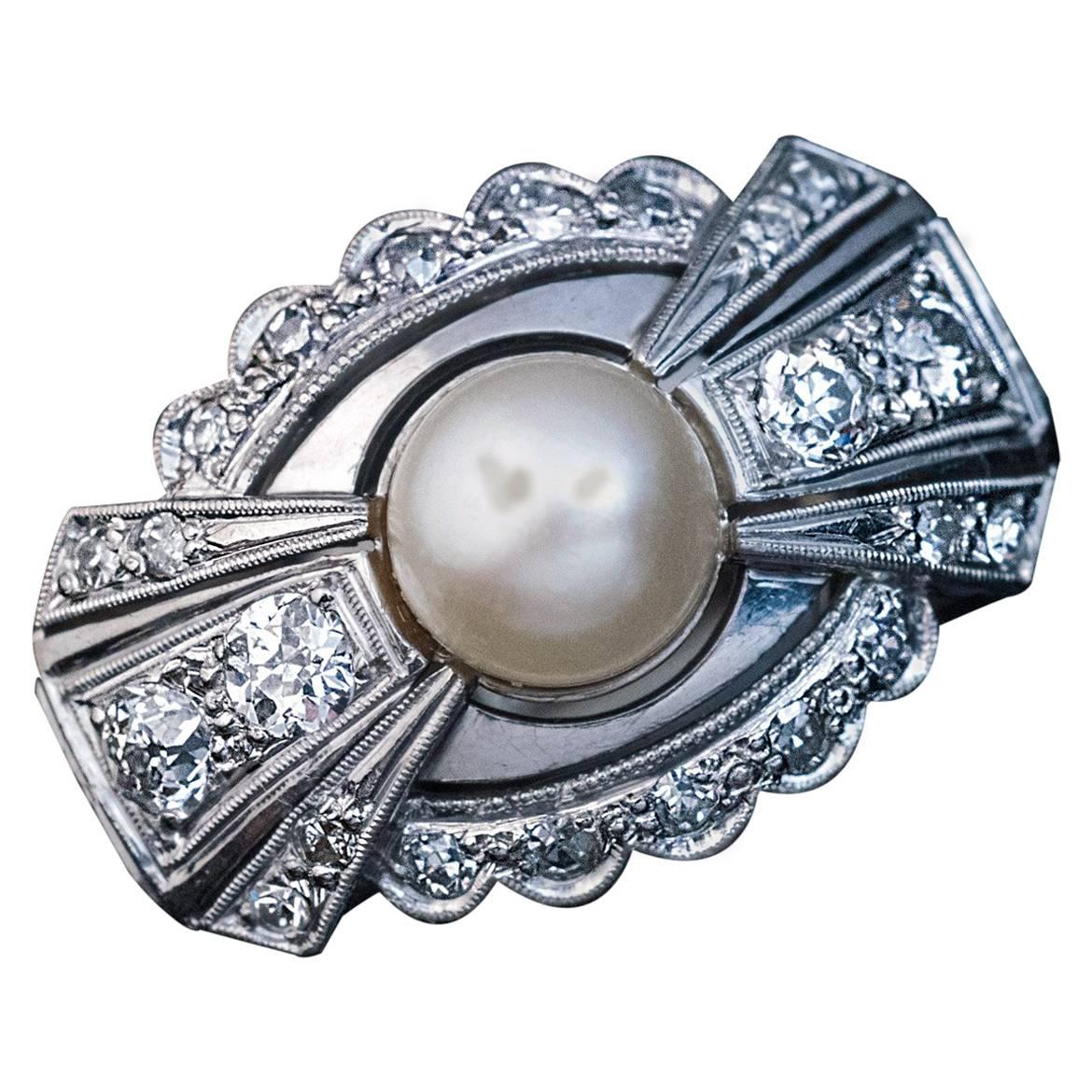 Art Deco Bow Motif Pearl Diamond Ring For Sale