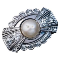 Art Deco Bow Motif Pearl Diamond Ring 6