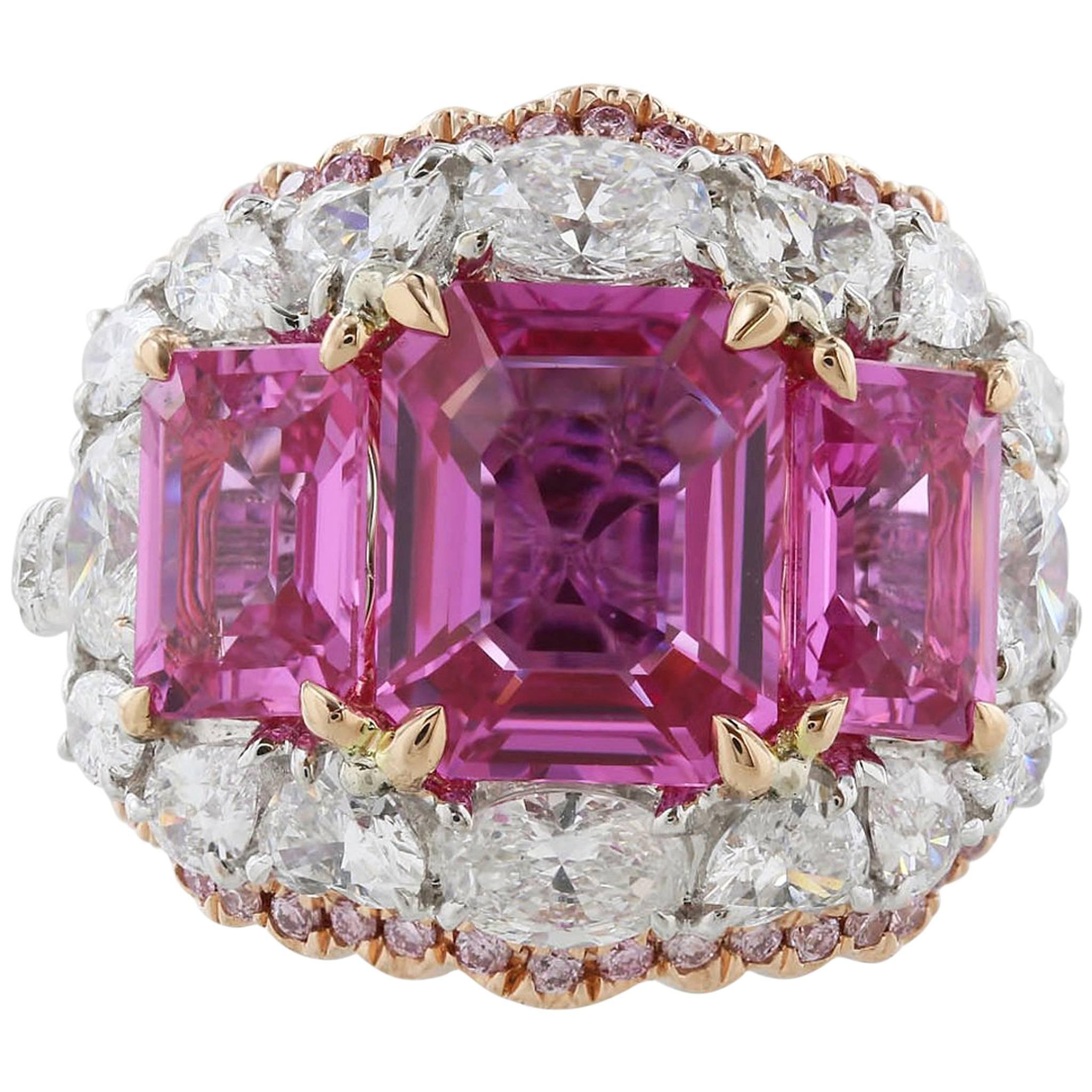 5.34 Carat Unheated Pink Sapphire Diamond Cluster Ring For Sale