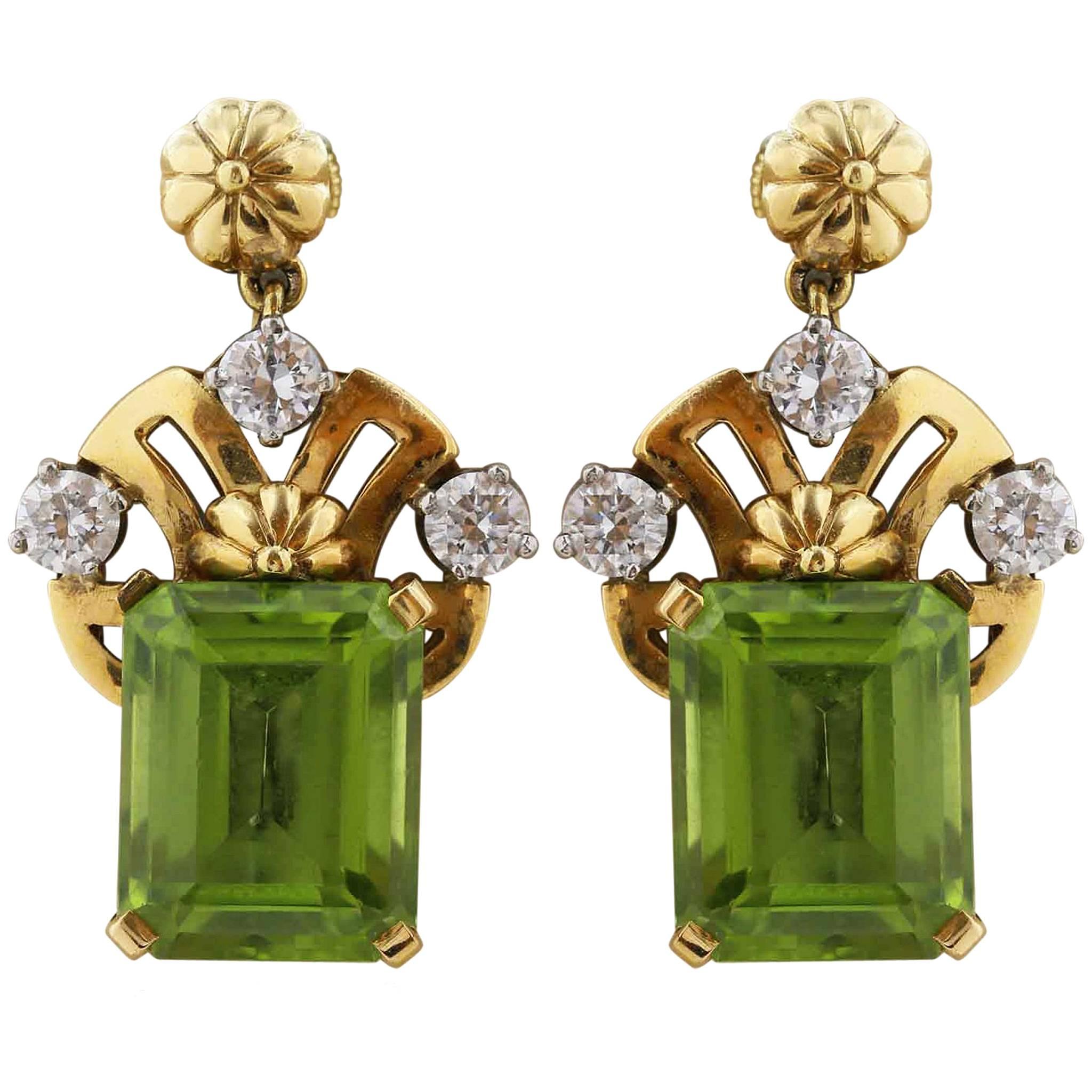 Art Deco Tiffany & Co.  Peridot  Diamond Gold Earrings 