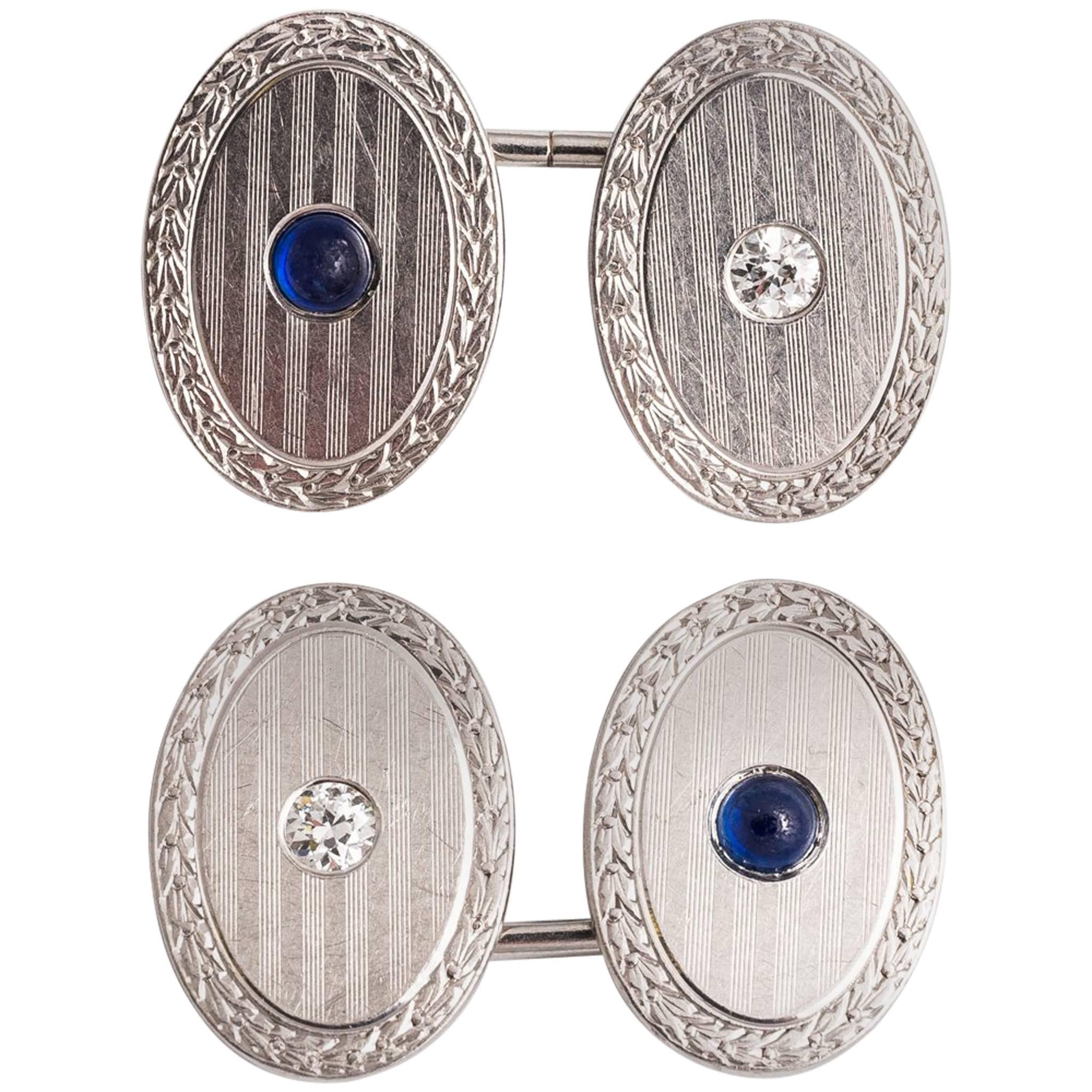 Art Deco Diamond and Cabochon Sapphire Cufflinks in Platinum For Sale