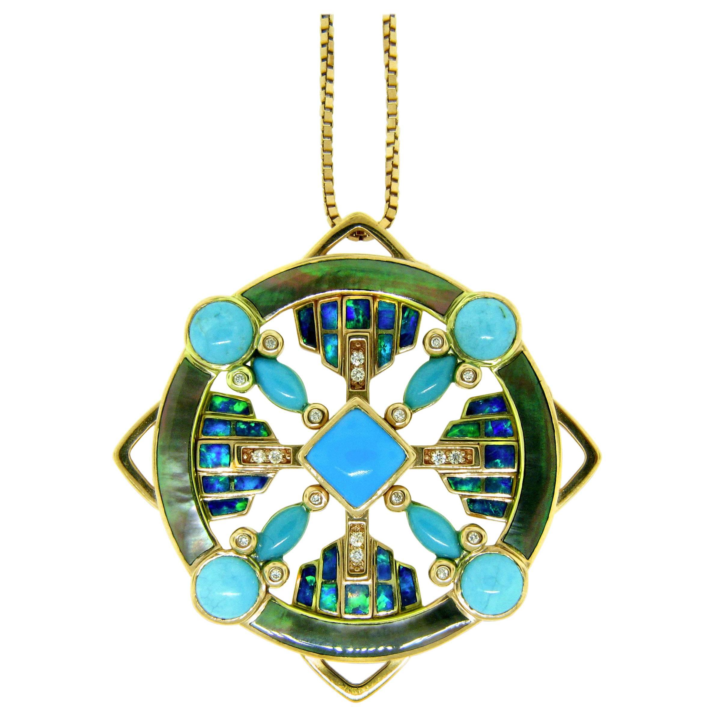 Jonathan Duran Opal Turquoise Diamond Gold Elemental Mandala Pendant For Sale