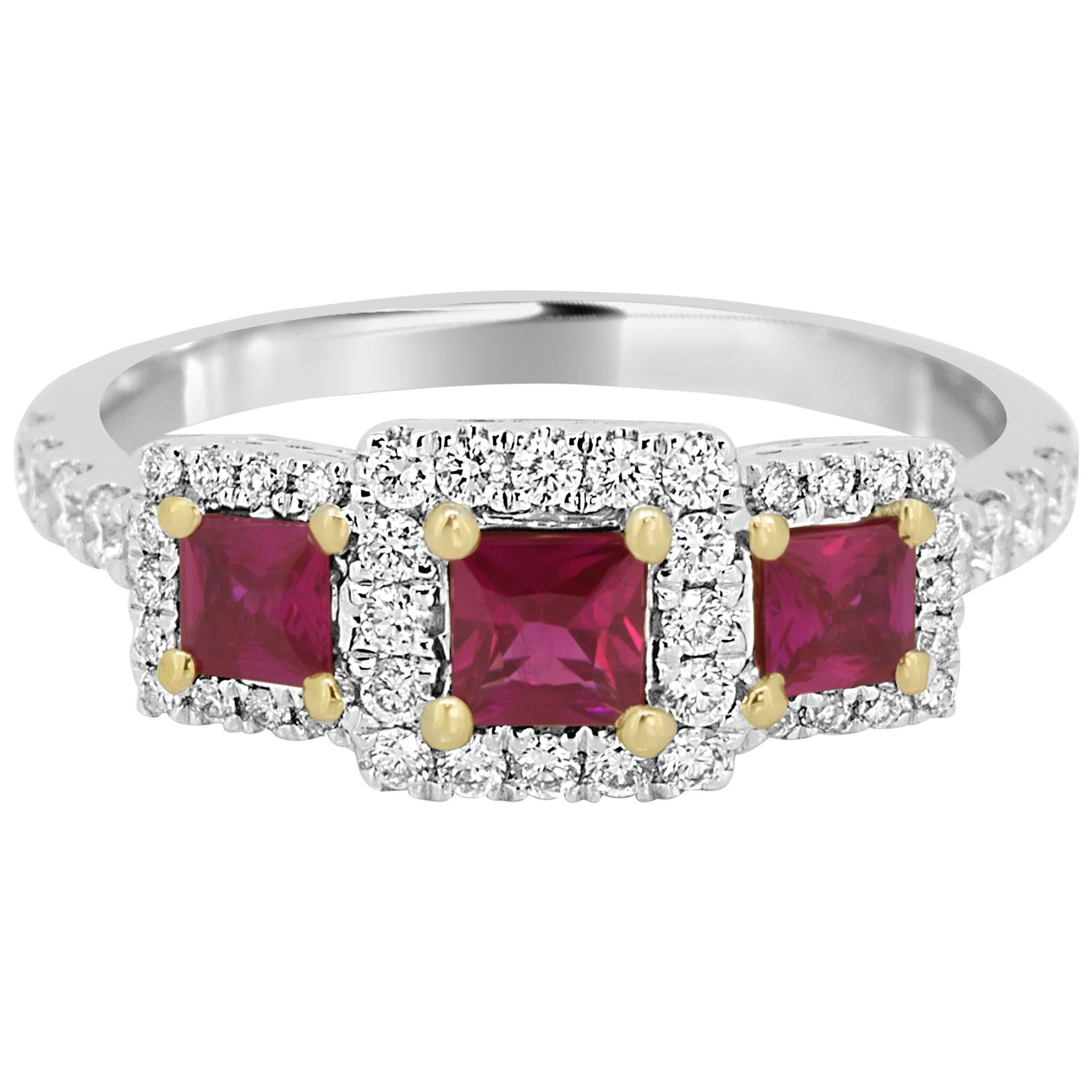 Three Stone Ruby Square White Diamond Halo Two Color Gold Fashion Cocktail Ring
