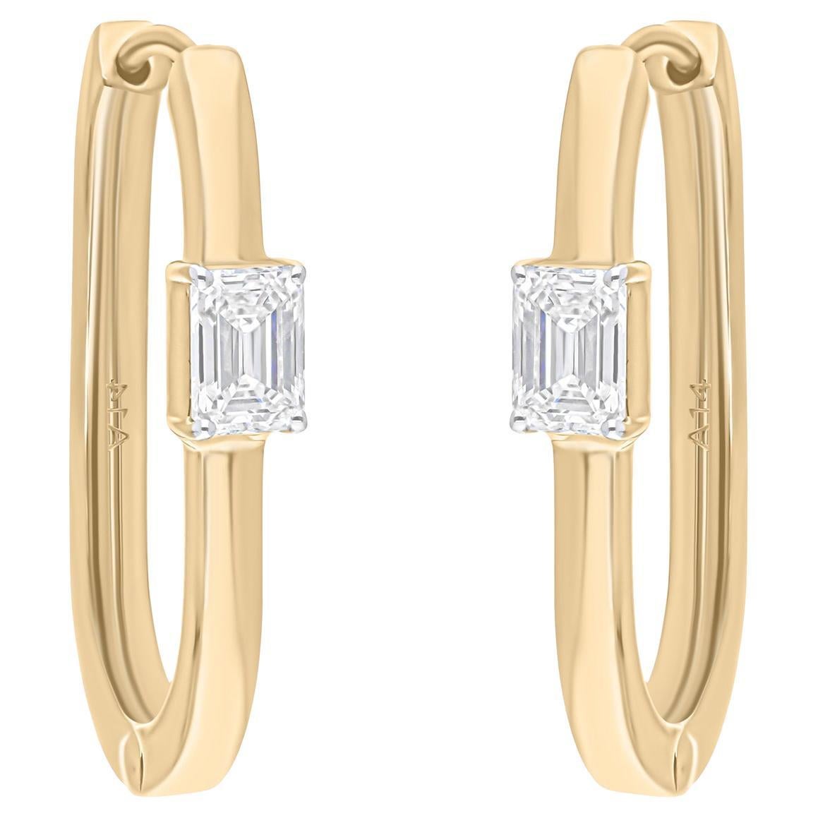 Créoles en or jaune 14 carats avec diamants naturels taille émeraude de 0,81 carat SI/H