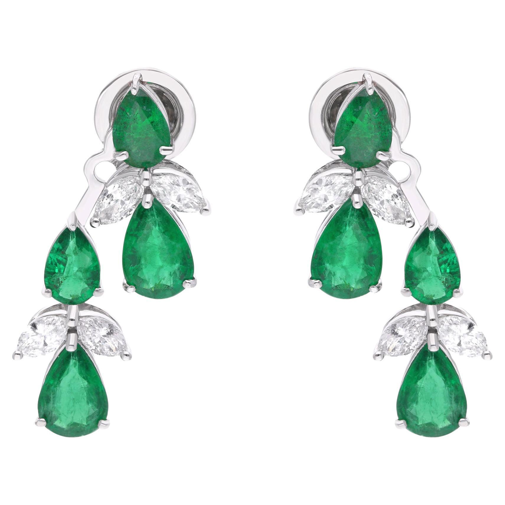 Pear Zambian Emerald Earrings SI Clarity HI Color Diamond 14 Karat White Gold For Sale