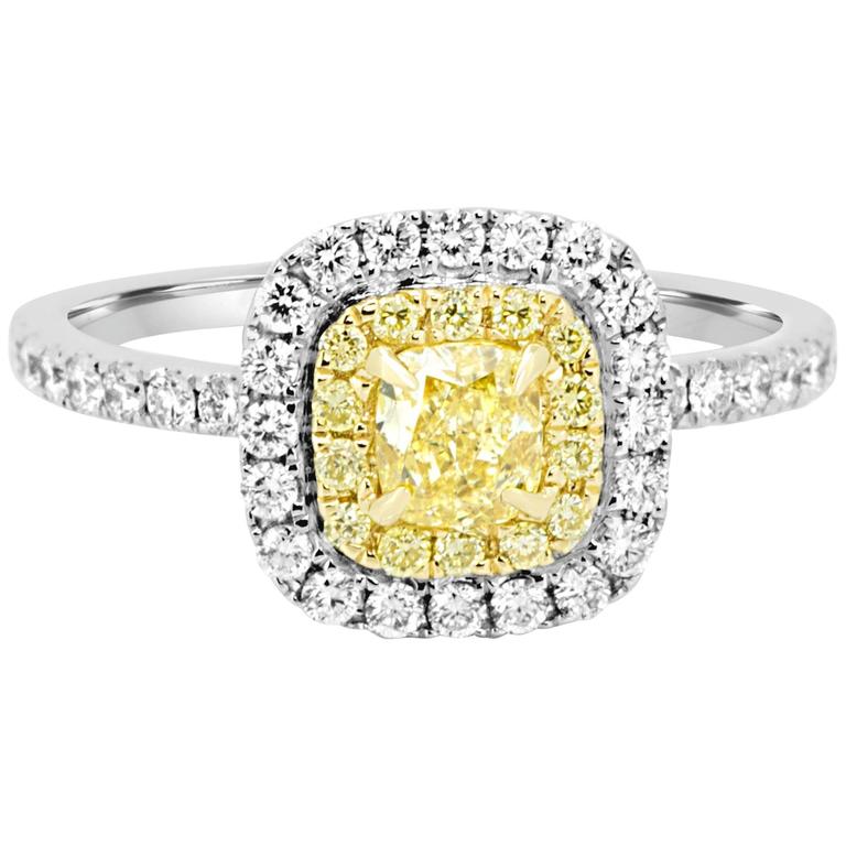 Natural Fancy Yellow and White Diamond Double Halo Bridal Ring For Sale