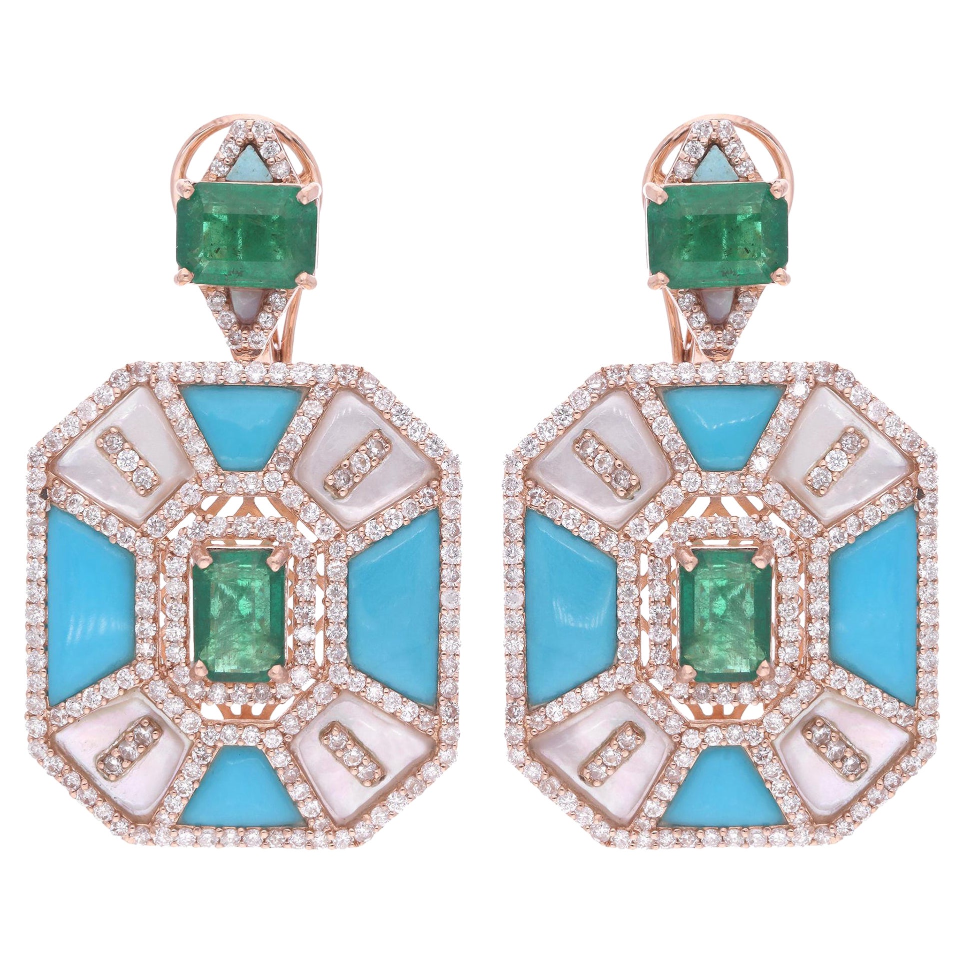 Emerald Turquoise Dangle Earrings Mother of Pearl Diamond 14 Karat Rose Gold For Sale