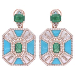 Pendientes Colgantes Turquesa Esmeralda Diamante Madreperla Oro Rosa 14 Kilates