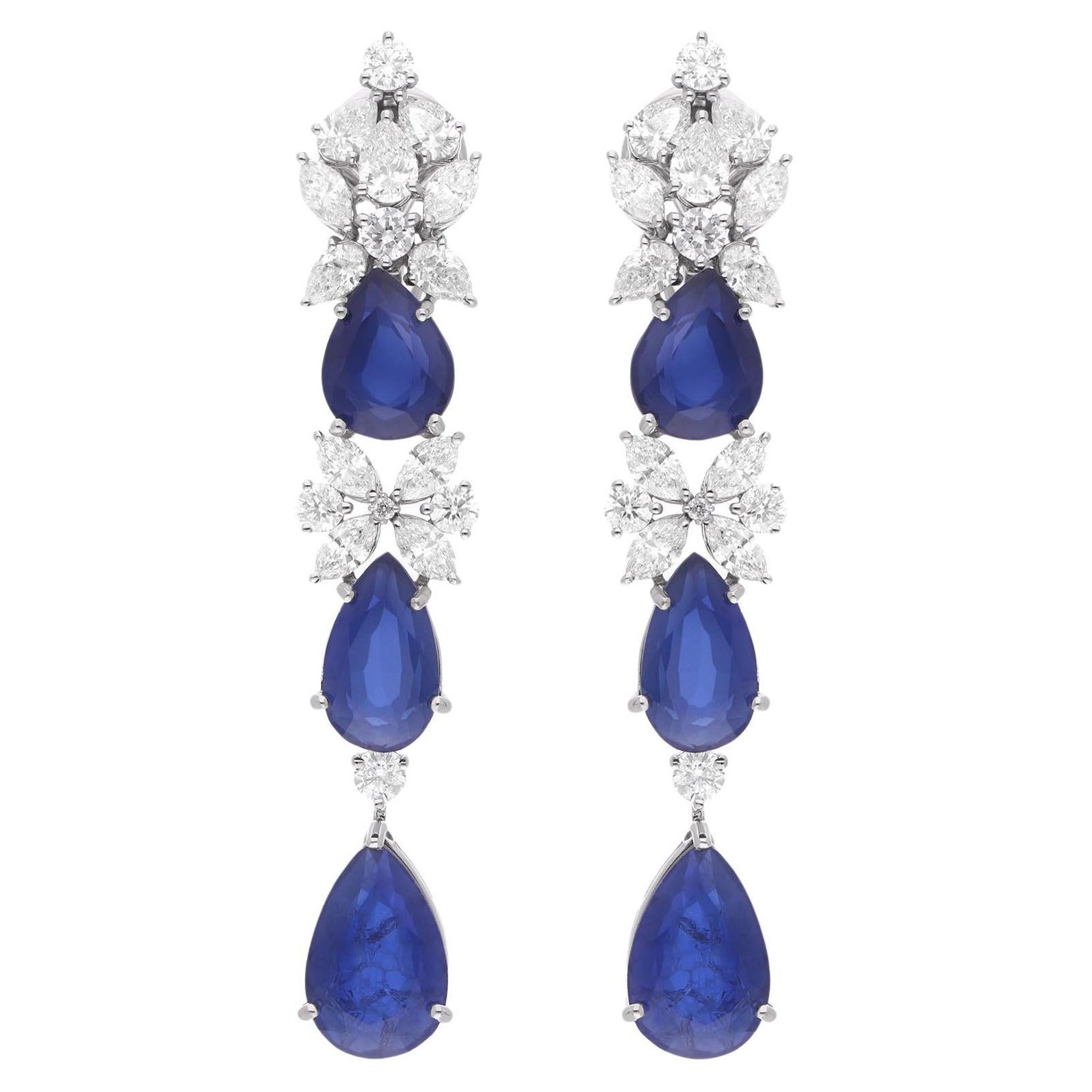 Pendientes Colgantes Piedra Azul Pera Diamante Oro Blanco 14 Kilates Joyería Artesanal