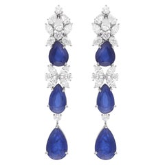 Pendientes Colgantes Piedra Azul Pera Diamante Oro Blanco 14 Kilates Joyería Artesanal