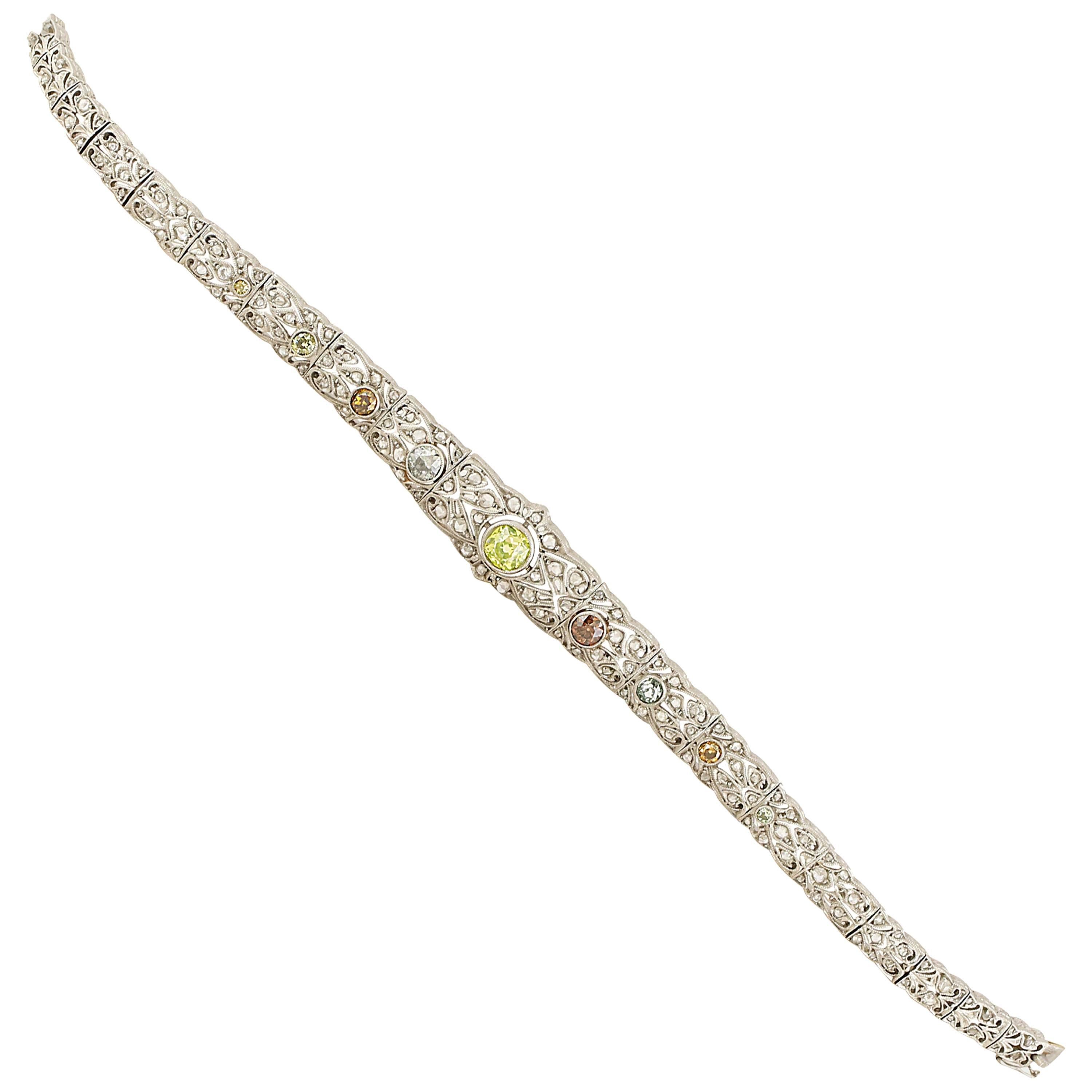 Unique Art Deco Natural Multi Color Diamond Bracelet