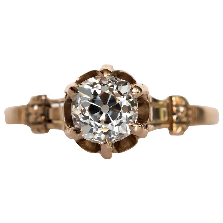 1880s Victorian Gold .87 Carat Antique Cushion Cut Diamond Engagement