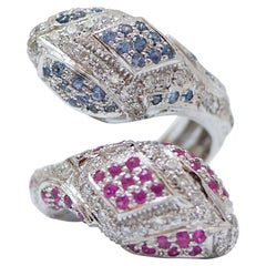 Rubies, Sapphires, Diamonds, 14 Karat White Gold Snake Ring.