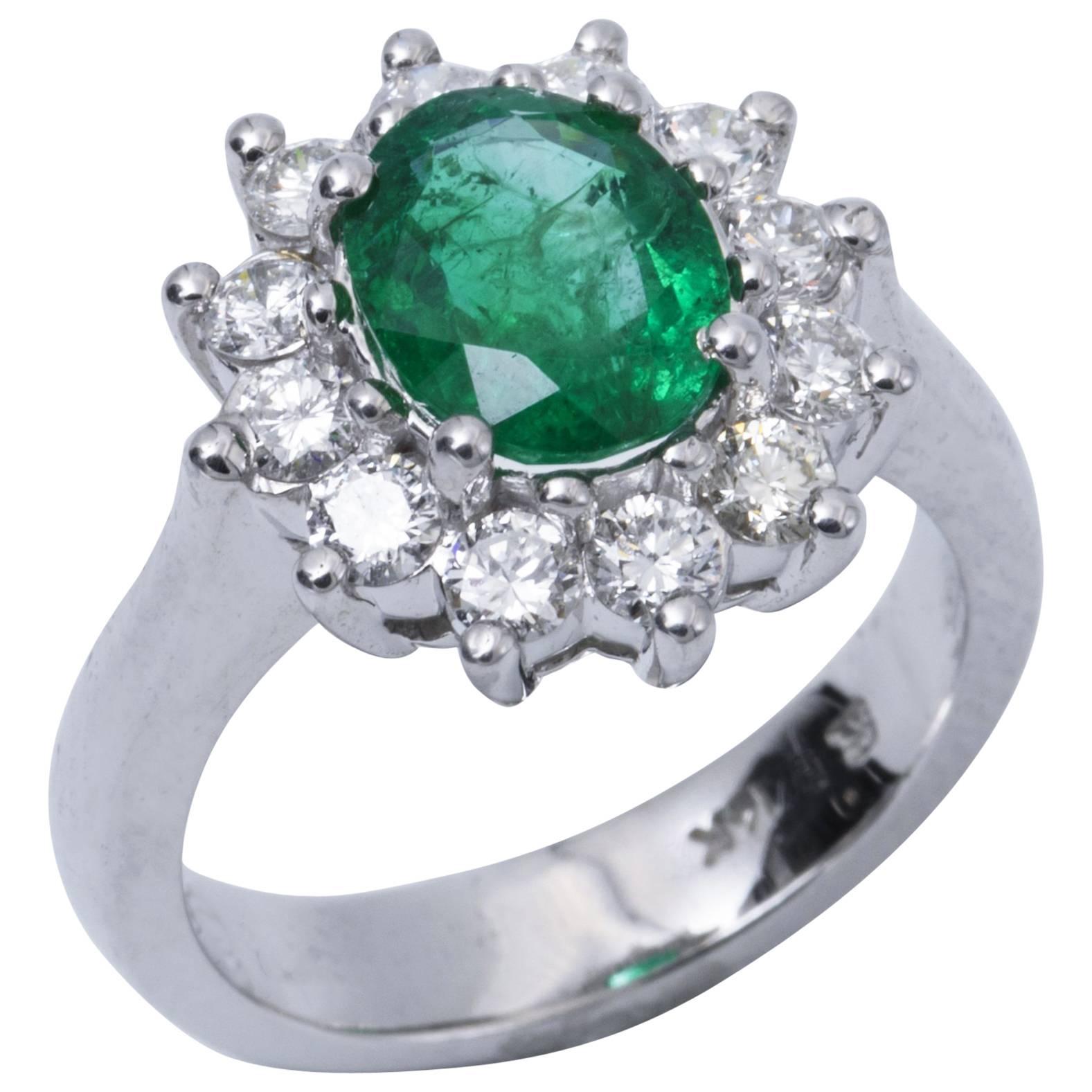 Emerald Ring with Diamonds Halo 14 Karat White Gold