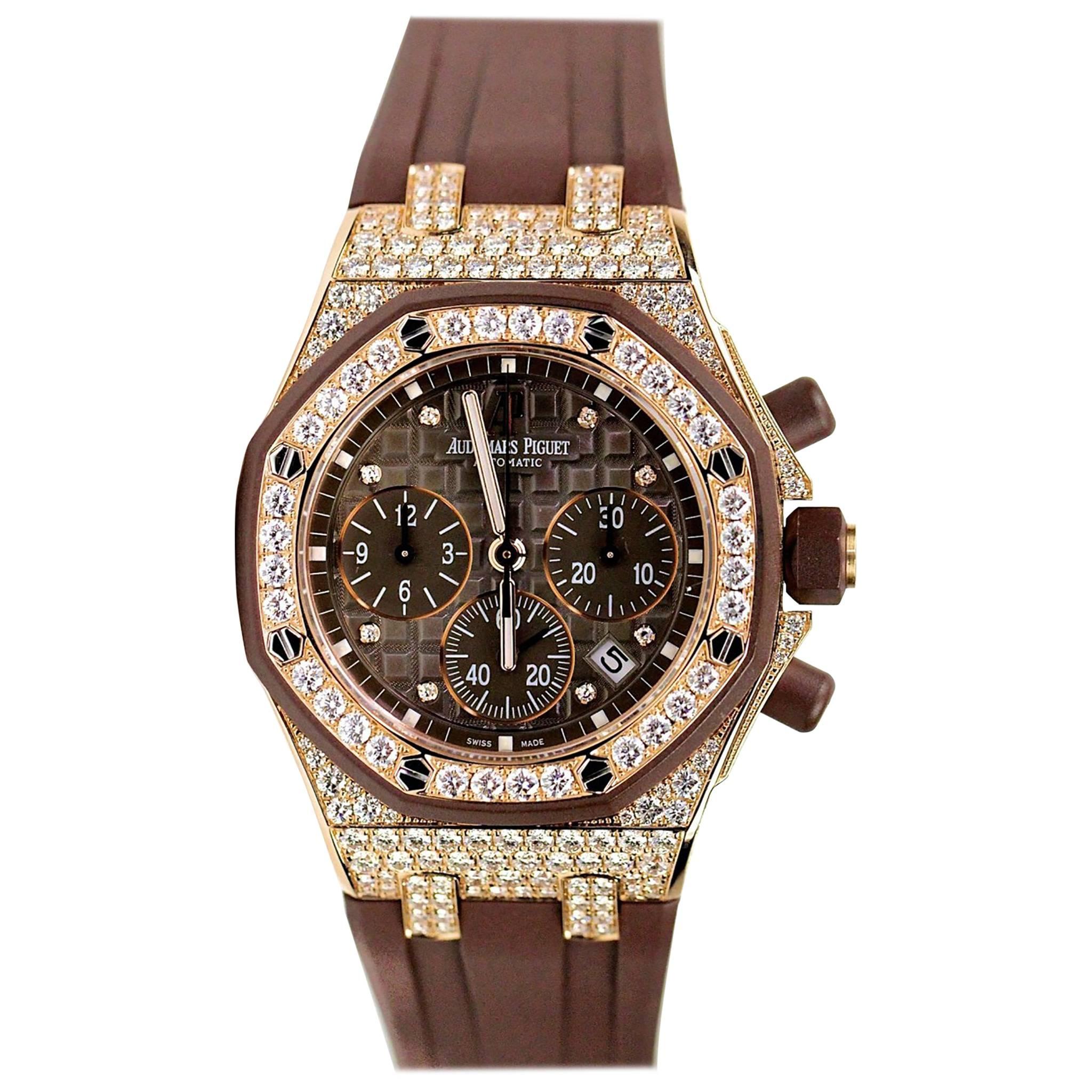 Audemars Piguet Ladies Rose Gold Diamond Royal Oak Chronograph Wristwatch