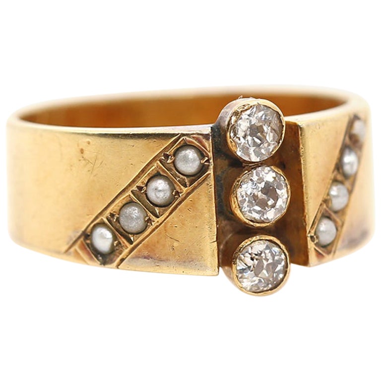 18K Gold Old-cut Diamonds Pearls Vintage Ring, 1930