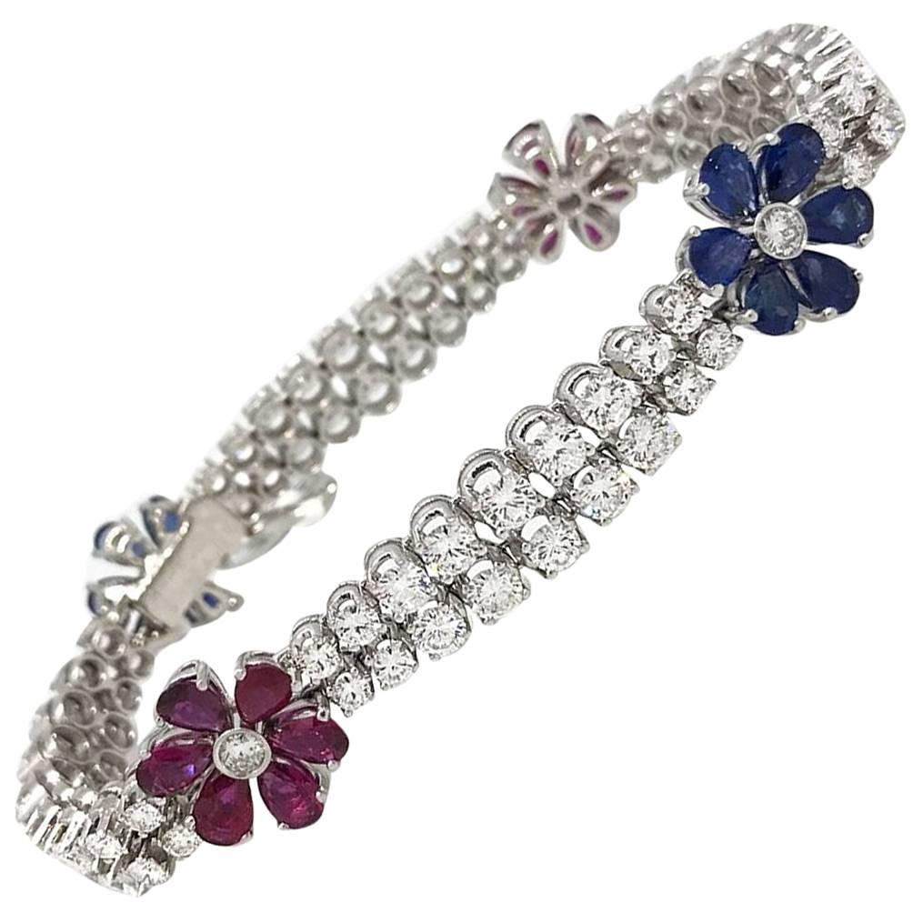 Two Row Diamond Bracelet Ruby and Sapphire Florets in 18 Karat White Gold For Sale