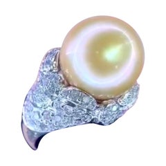 GIT Certified Golden South Sea Pearl 3.00 Ct Diamonds 18K Gold Ring