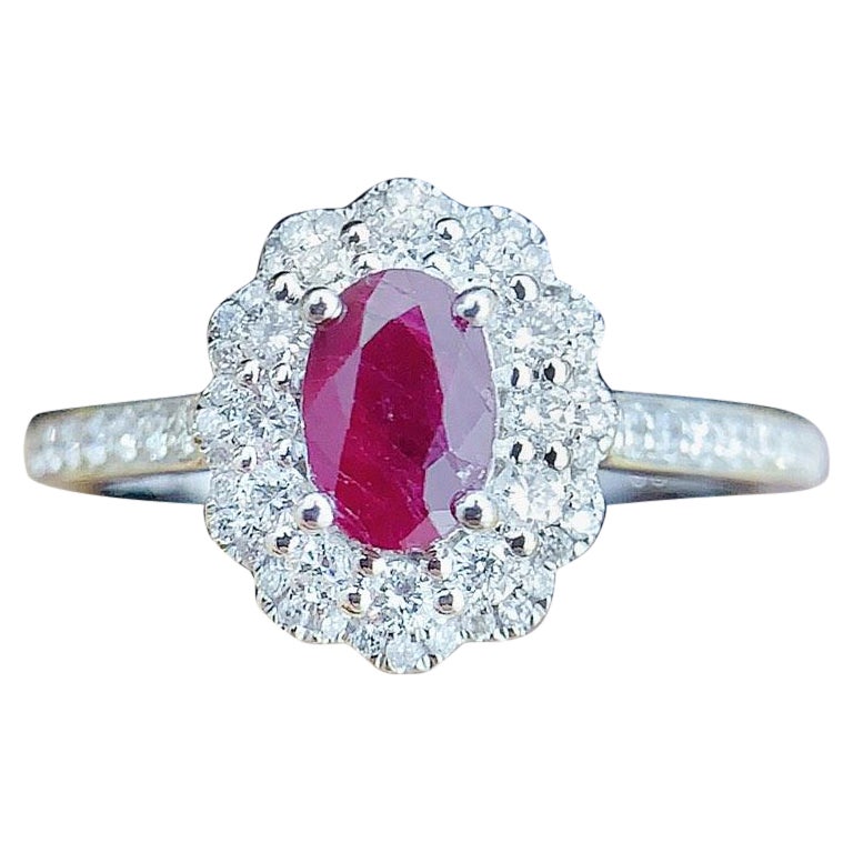 18K White Gold Oval Ruby and Double Halo Diamond Ring