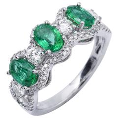 Oval Emerald and Diamond Accented Three Stone Gold Band Ring