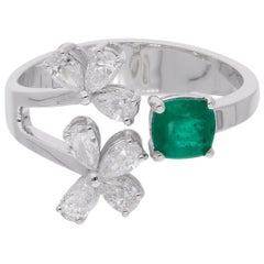 Esmeralda Gemstone Cuff Ring Pear Diamond 18 Karat White Gold Handmade Jewelry