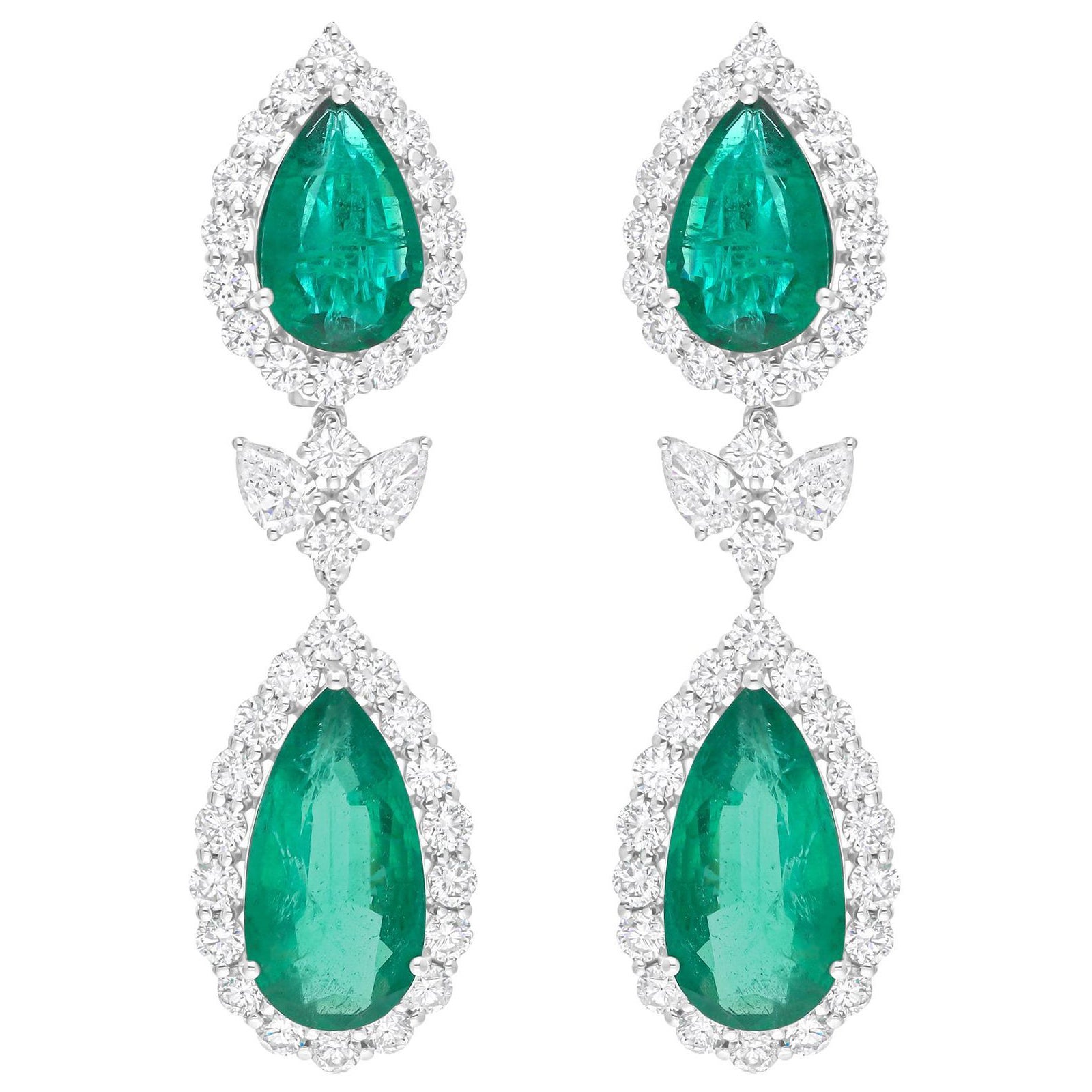 Natural Zambian Emerald Dangle Earrings SI/H Diamond 14 Karat White Gold Jewelry