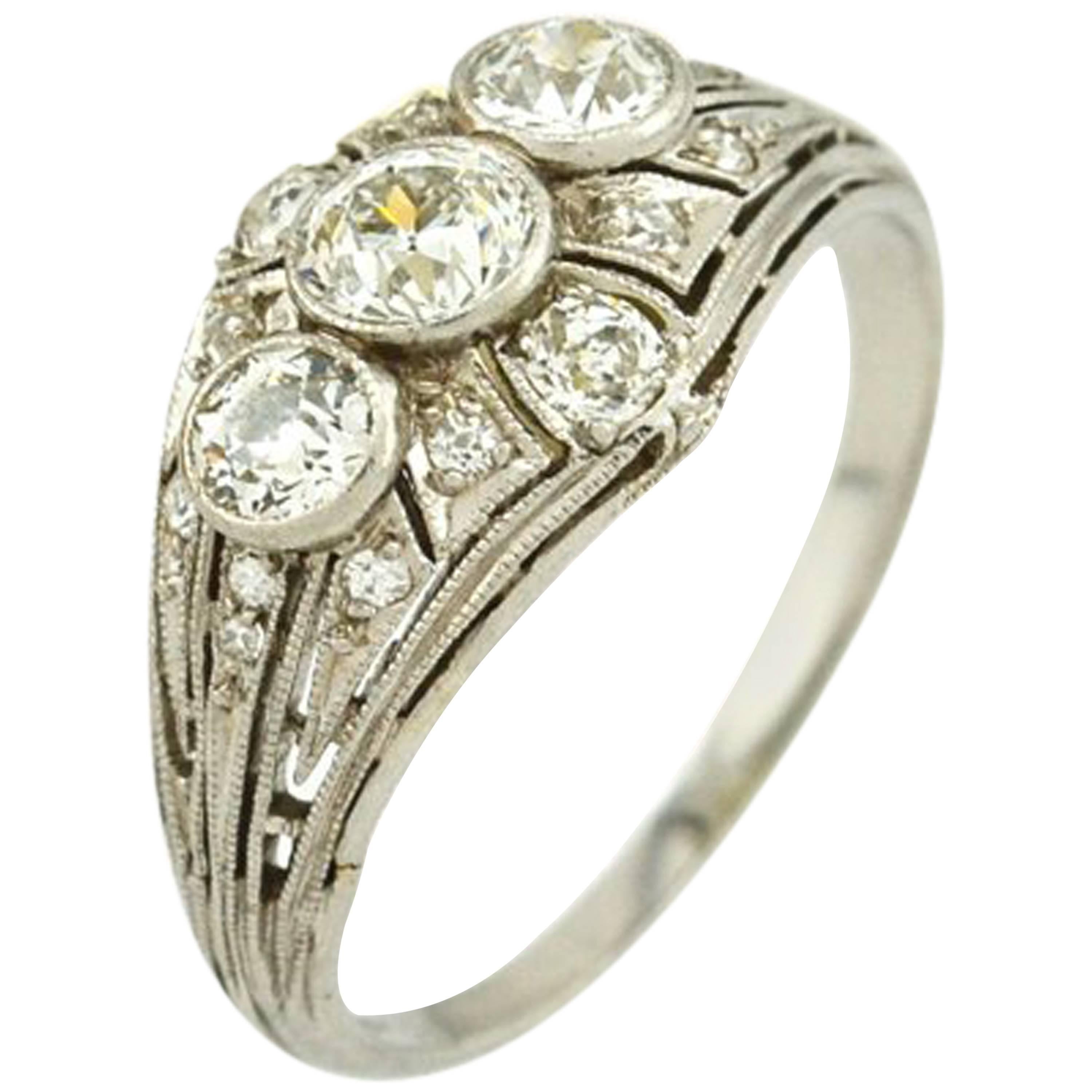Art Deco Three-Stone Diamond Platinum Ring For Sale