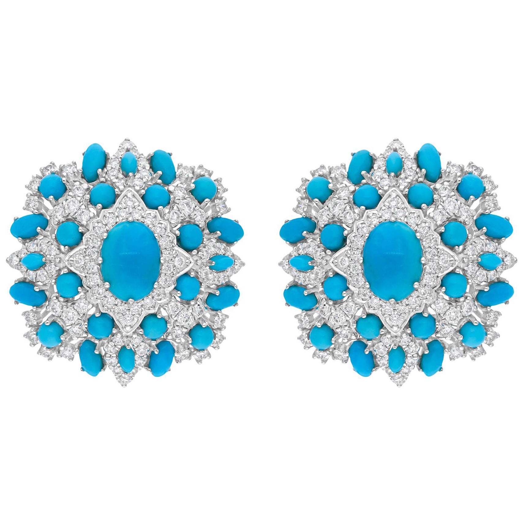 Pendientes de piedras preciosas de turquesa natural SI/H Diamante Joyas de oro blanco de 14 quilates