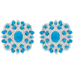 Pendientes de piedras preciosas de turquesa natural SI/H Diamante Joyas de oro blanco de 14 quilates