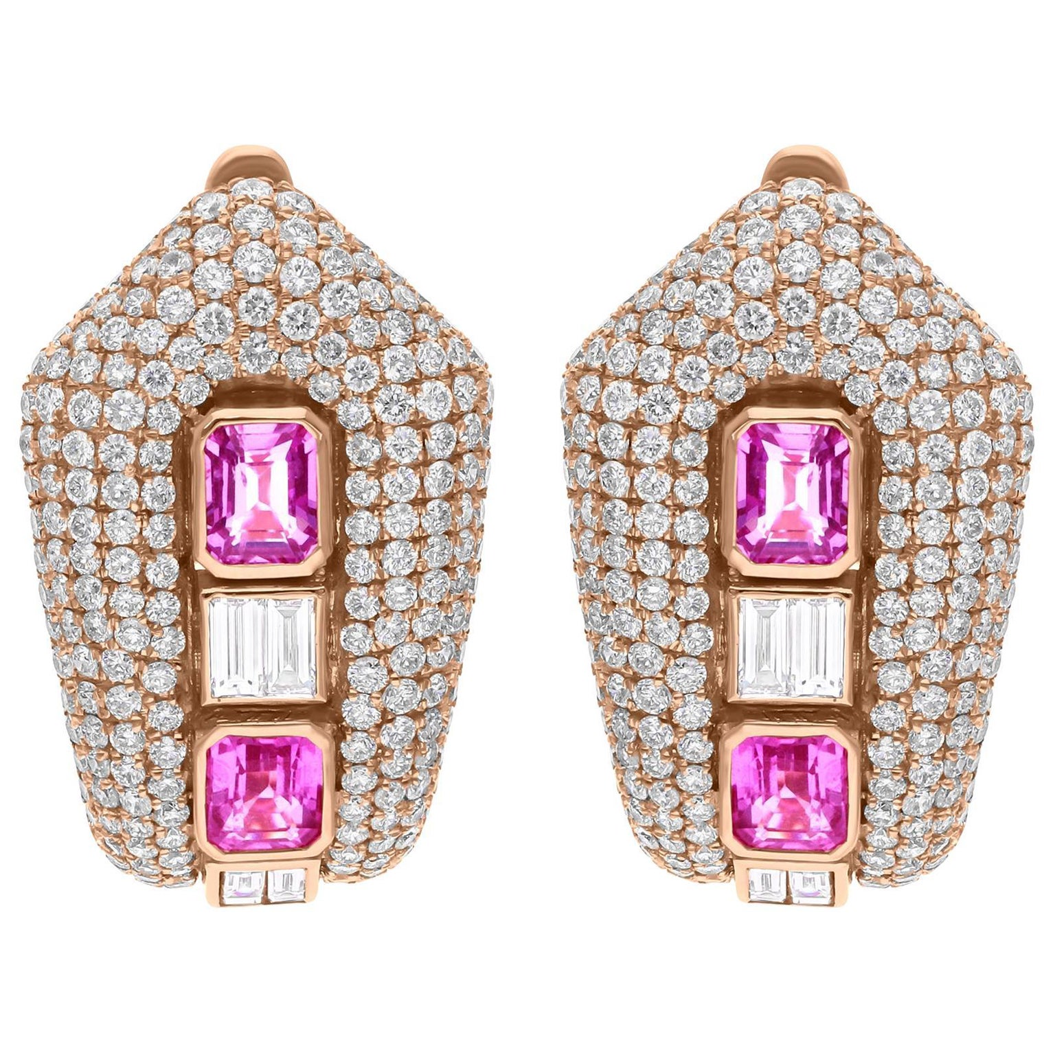 Pink Sapphire Gemstone Earrings SI/H Diamond 14 Karat Yellow Gold Fine Jewelry