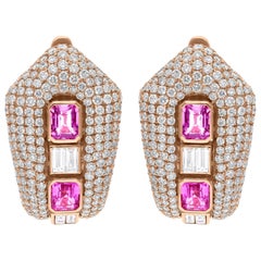 Pendientes Zafiro Rosa SI/H Diamante Oro Amarillo 14 Kilates Alta Joyería