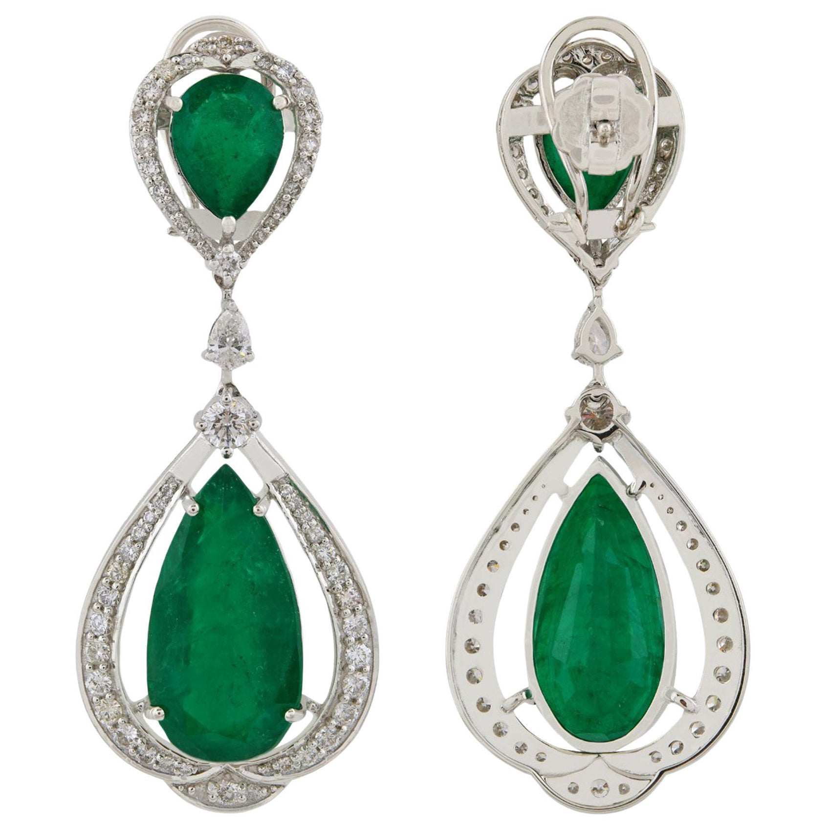 Zambian Emerald Gemstone Dangle Earrings Diamond 14 Karat White Gold Jewelry New