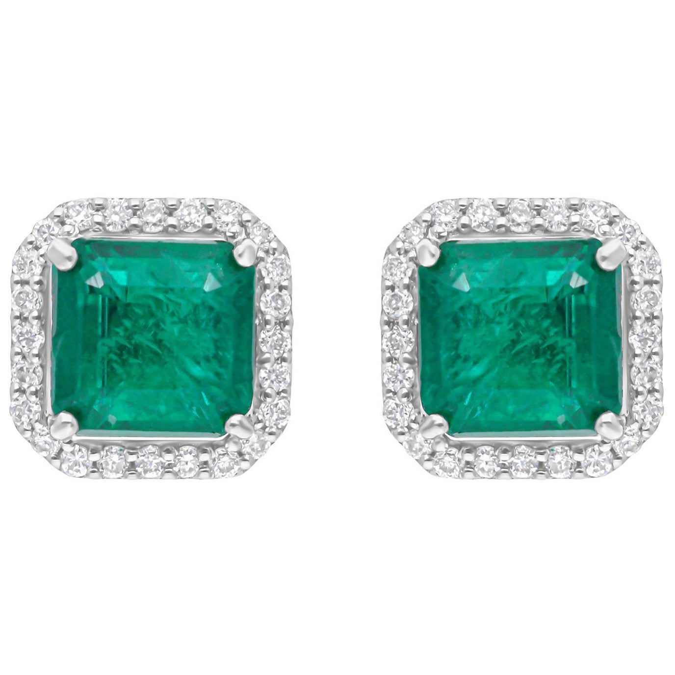 Real Zambian Emerald Gemstone Earrings SI/H Diamond 14 Karat White Gold Jewelry