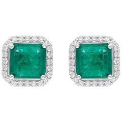 Real Zambian Emerald Gemstone Earrings SI/H Diamond 14 Karat White Gold Jewelry