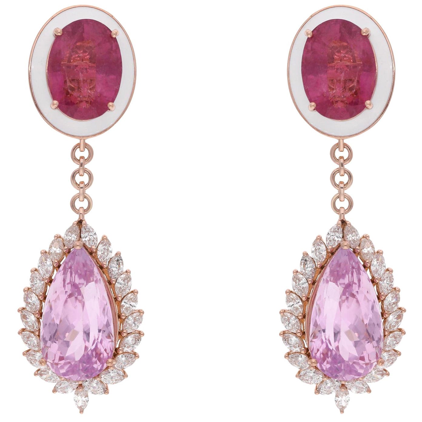 Orecchini pendenti con gemme di tormalina rosa e morganite Diamante Oro rosa 14 carati