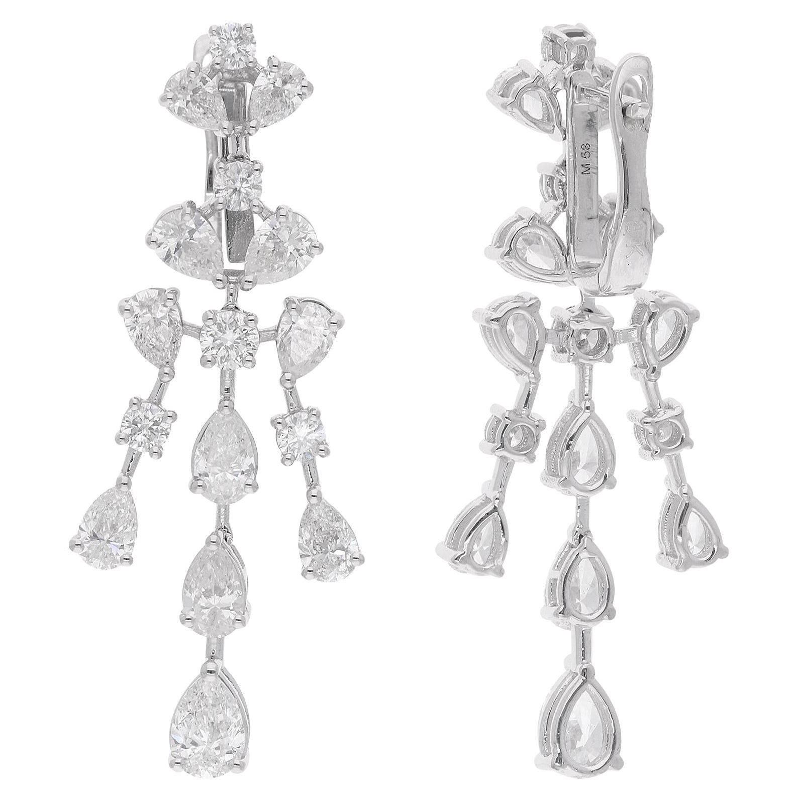 Round & Pear Shape Diamond Dangle Earrings 14 Karat White Gold Handmade Jewelry